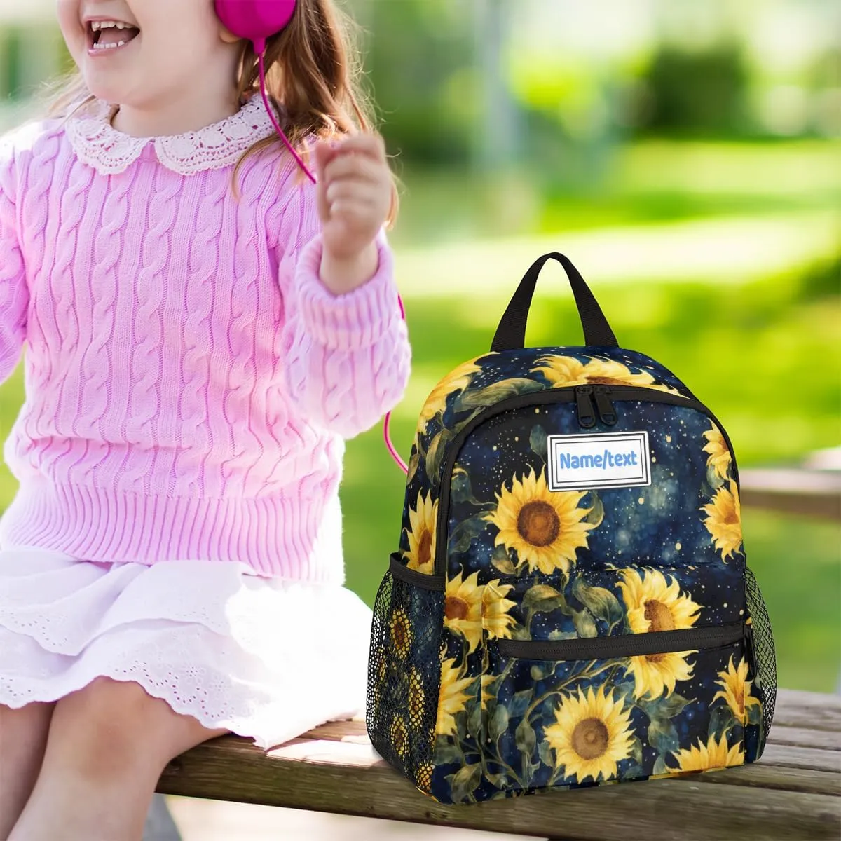 Custom Toddler Backpack for Boy Girl Personalized Kids Backpack with Name, Sunflower Galaxy Starry Sky Painting Preschool Bag with Chest Strap, Nursery Rucksack for Kindergarten Kids Gift