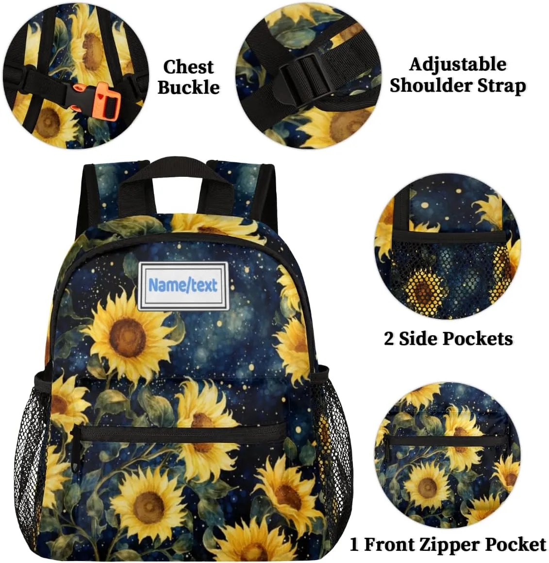 Custom Toddler Backpack for Boy Girl Personalized Kids Backpack with Name, Sunflower Galaxy Starry Sky Painting Preschool Bag with Chest Strap, Nursery Rucksack for Kindergarten Kids Gift