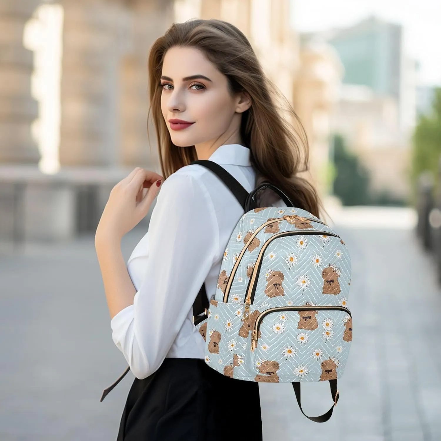 Cute Capybara White Daisy Backpack Purse for Women Shoulder Bag Fashion Daypack Ladies Handbag Lightweight Travel Bag Rucksack