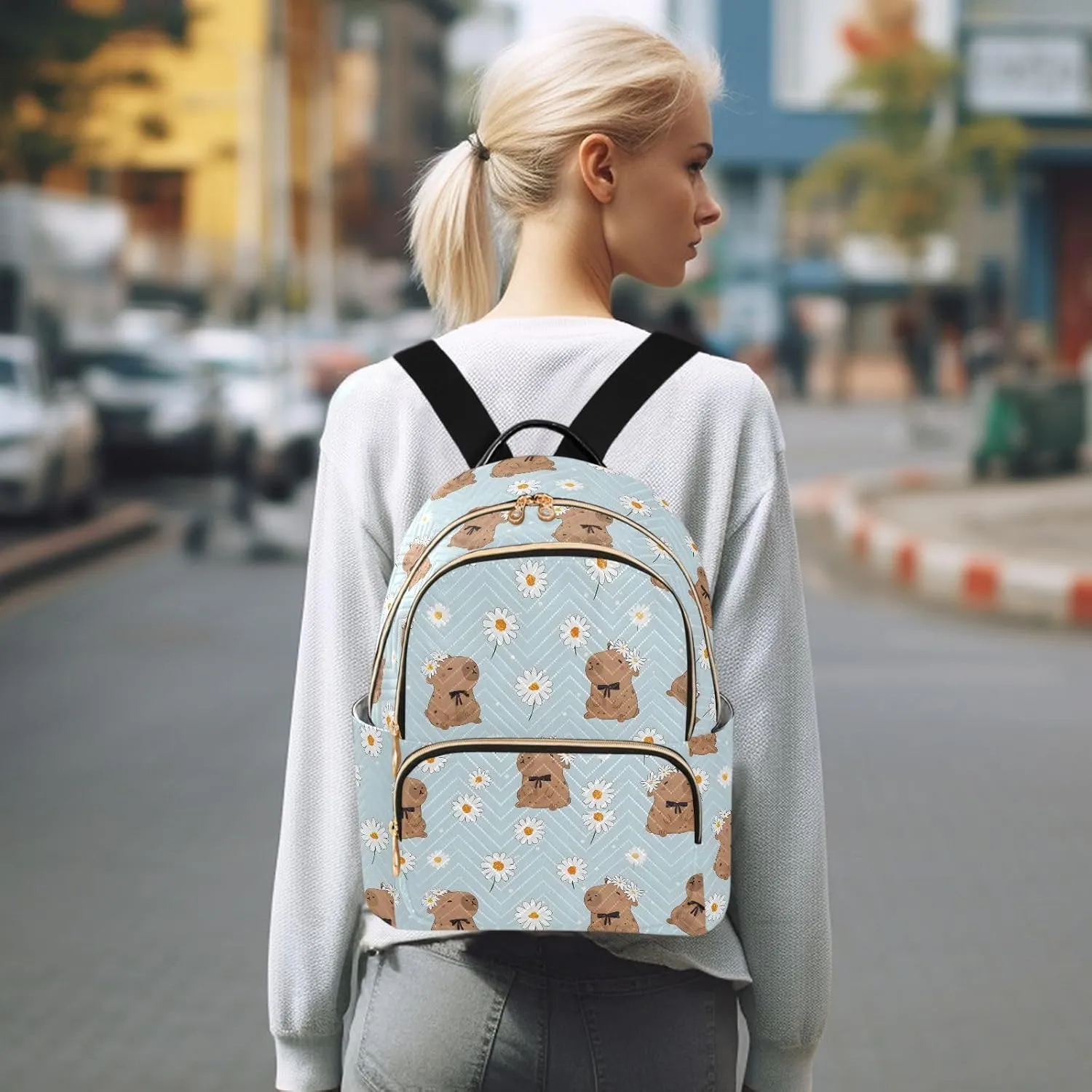 Cute Capybara White Daisy Backpack Purse for Women Shoulder Bag Fashion Daypack Ladies Handbag Lightweight Travel Bag Rucksack