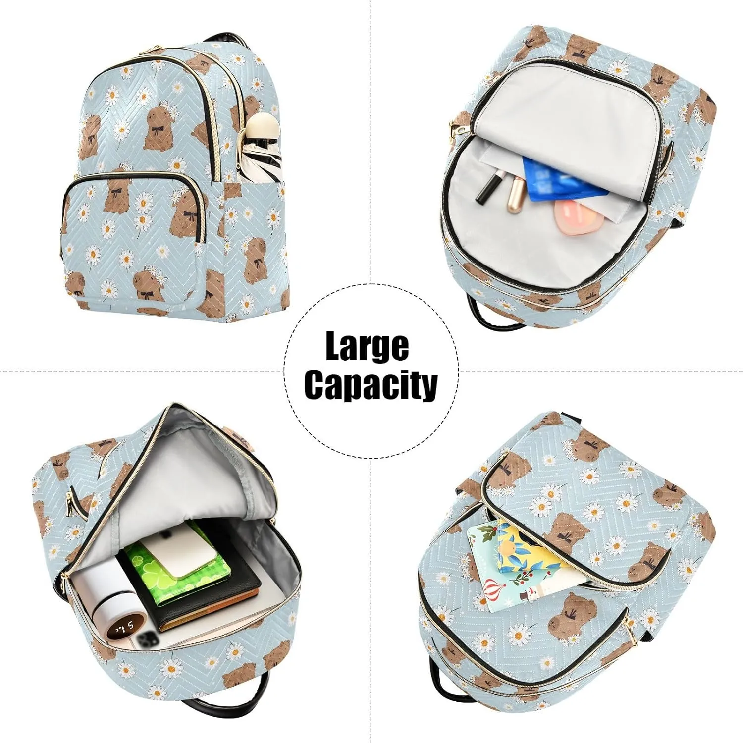 Cute Capybara White Daisy Backpack Purse for Women Shoulder Bag Fashion Daypack Ladies Handbag Lightweight Travel Bag Rucksack