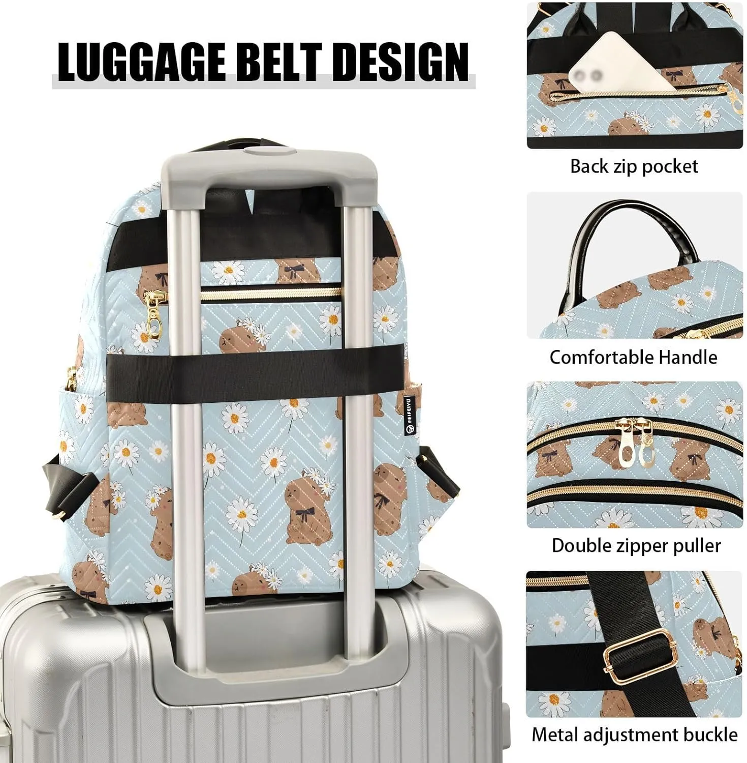 Cute Capybara White Daisy Backpack Purse for Women Shoulder Bag Fashion Daypack Ladies Handbag Lightweight Travel Bag Rucksack