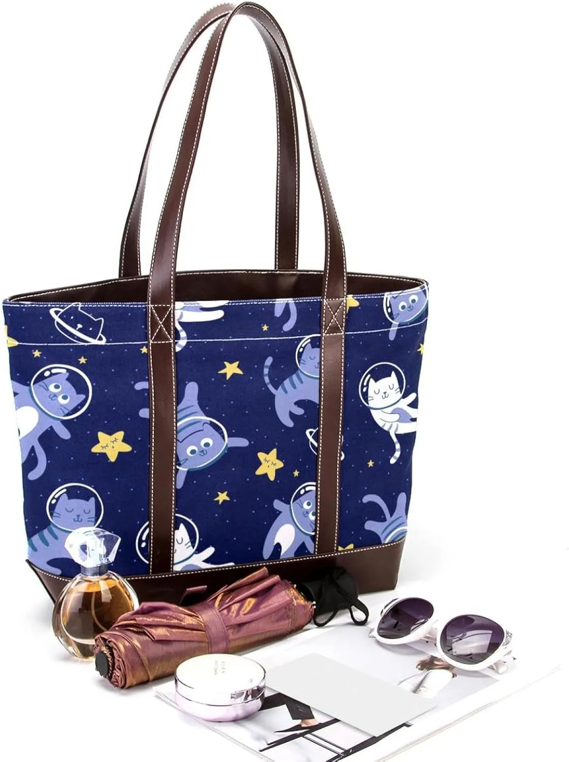 Cute Cat in Space-22 Tote Bags Durable Leather Canvas Purses and Handbags for Women Top Handle Shoulder Satchel Hobo Bags