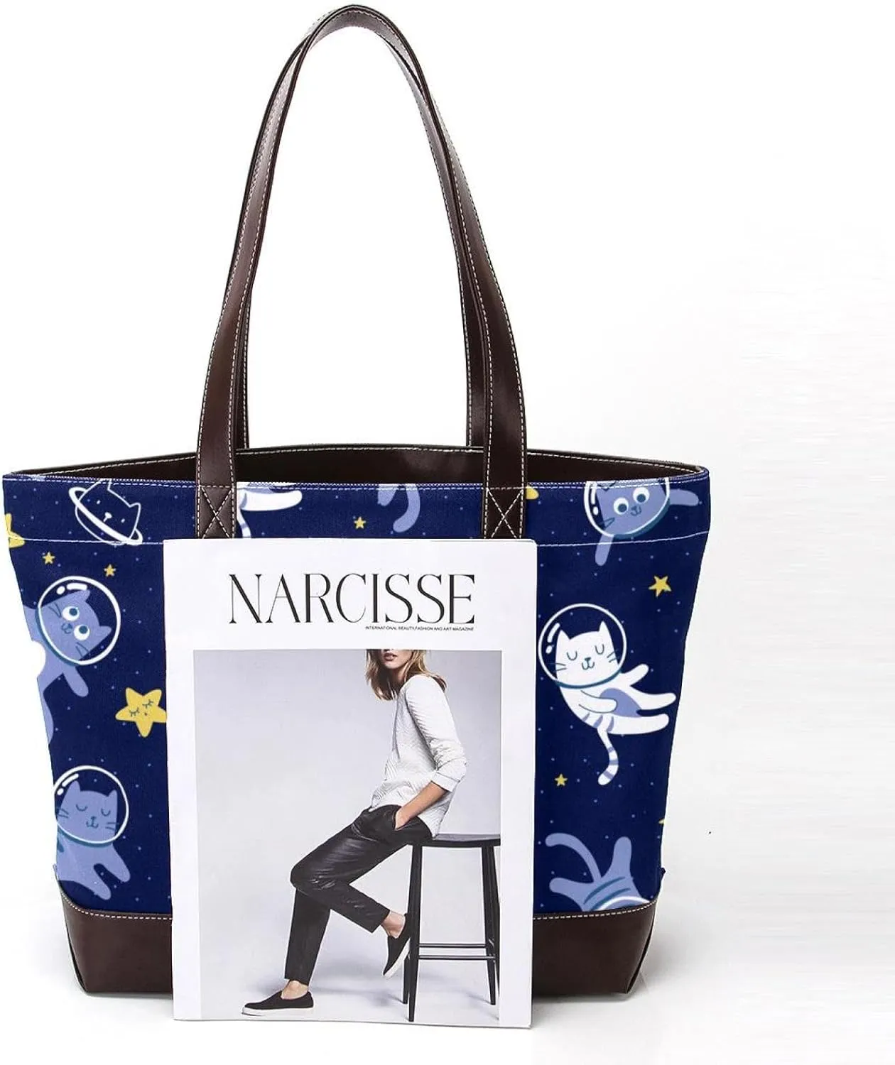 Cute Cat in Space-22 Tote Bags Durable Leather Canvas Purses and Handbags for Women Top Handle Shoulder Satchel Hobo Bags
