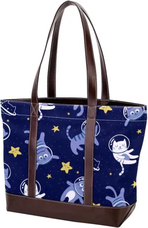 Cute Cat in Space-22 Tote Bags Durable Leather Canvas Purses and Handbags for Women Top Handle Shoulder Satchel Hobo Bags