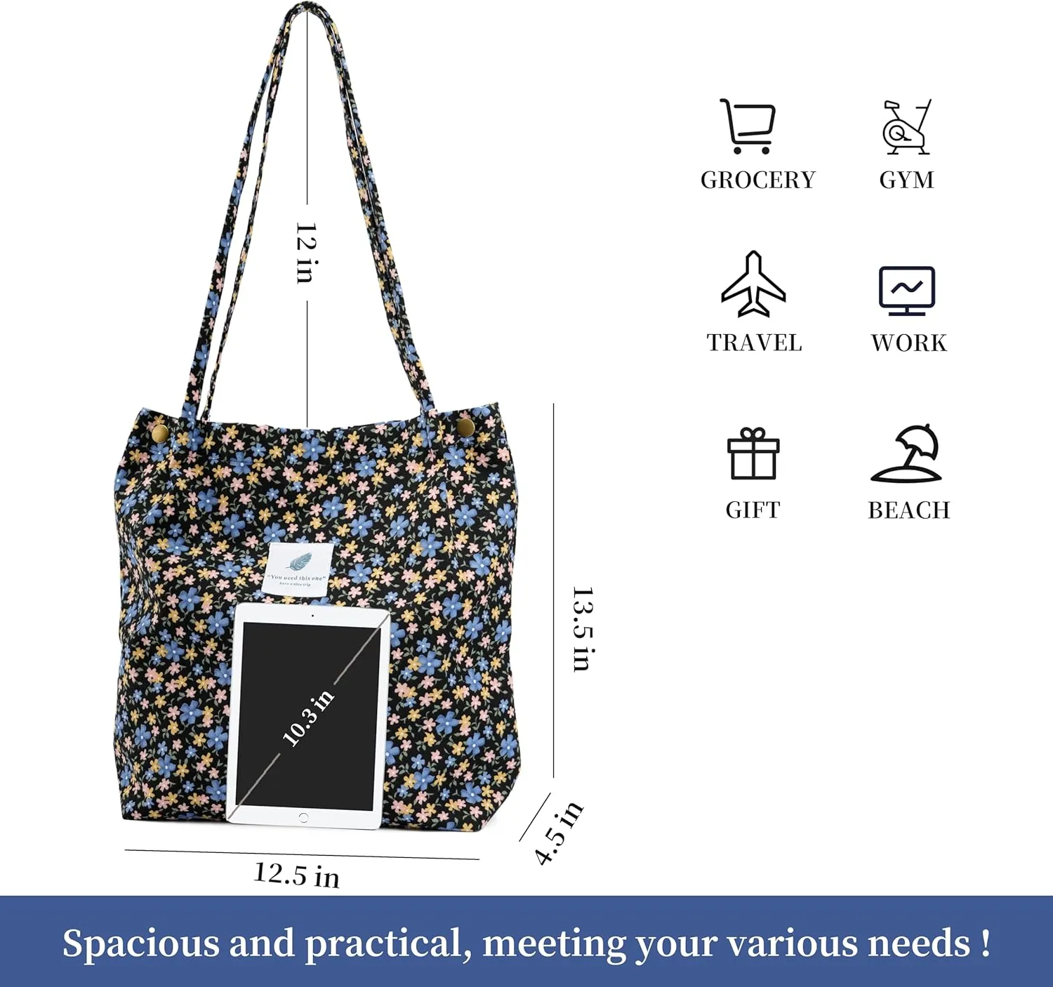 Cute Corduroy Tote Bag Canvas Shoulder Handbags for Women Travel Shopping