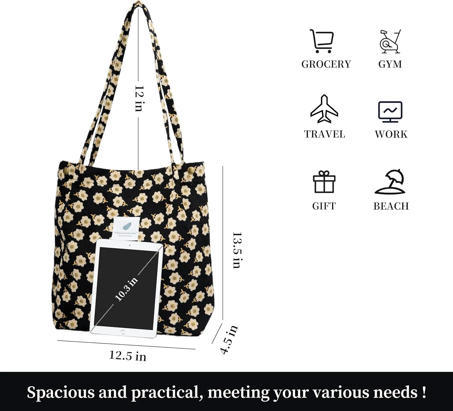 Cute Corduroy Tote Bag Canvas Shoulder Handbags for Women Travel Shopping