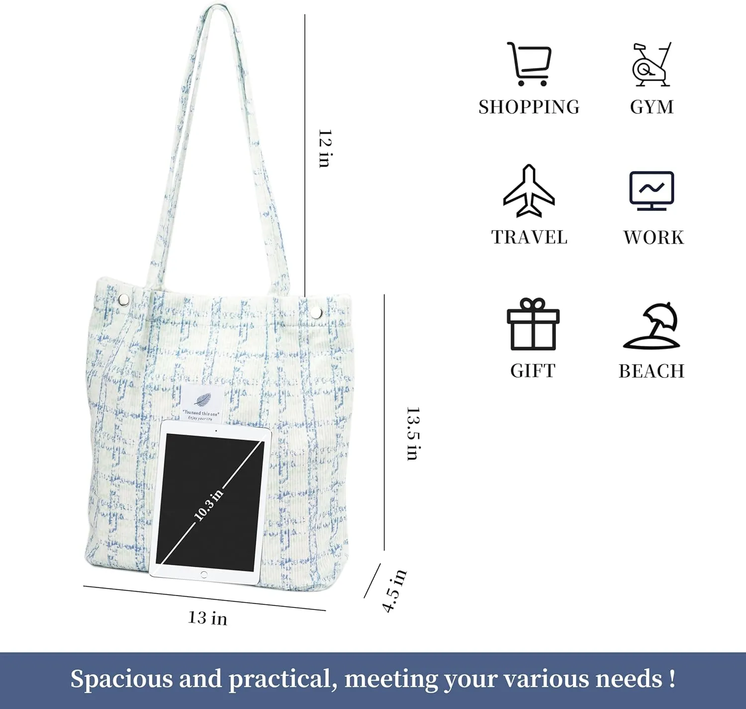 Cute Corduroy Tote Bag Canvas Shoulder Handbags for Women Travel Shopping