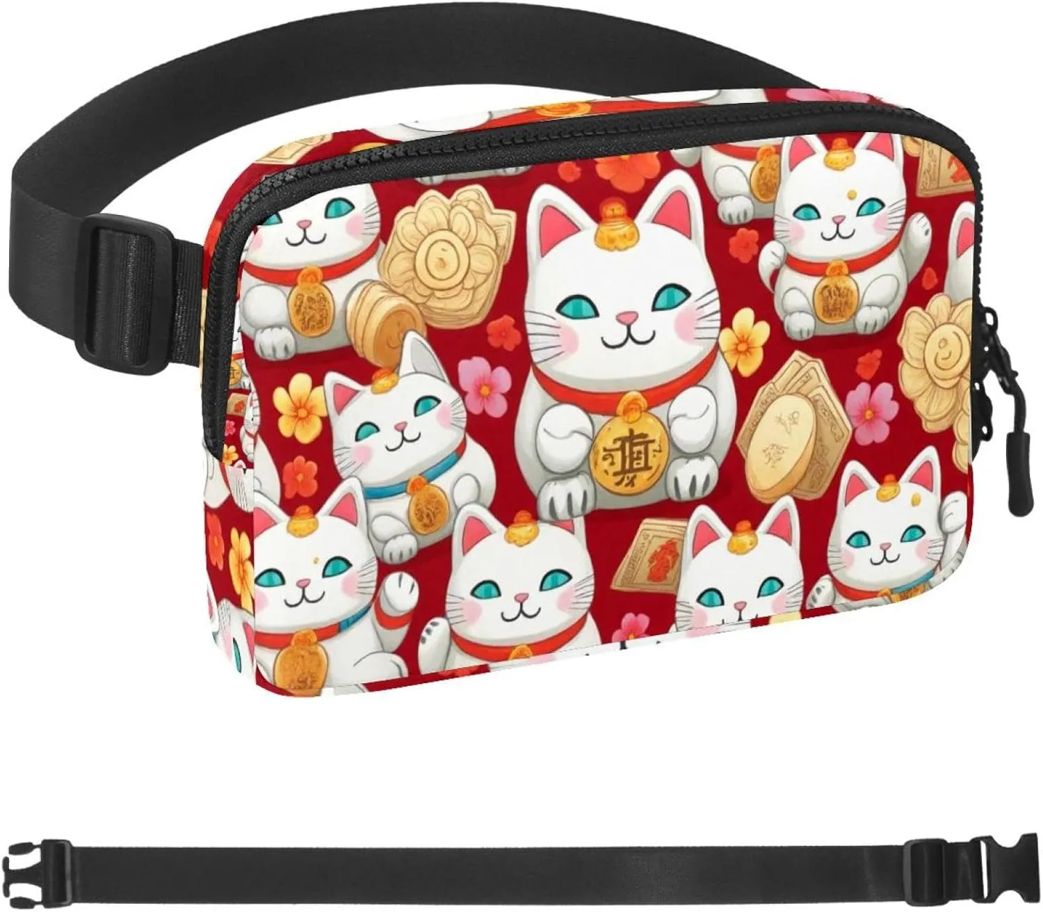 Cute Lucky Cat Pattern Fanny Packs for Women Men, Crossbody Belt Bag with Zipper Pockets,Waterproof Waist Packs with Adjustable Strap for Workout Running Traveling Hiking