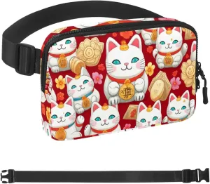 Cute Lucky Cat Pattern Fanny Packs for Women Men, Crossbody Belt Bag with Zipper Pockets,Waterproof Waist Packs with Adjustable Strap for Workout Running Traveling Hiking