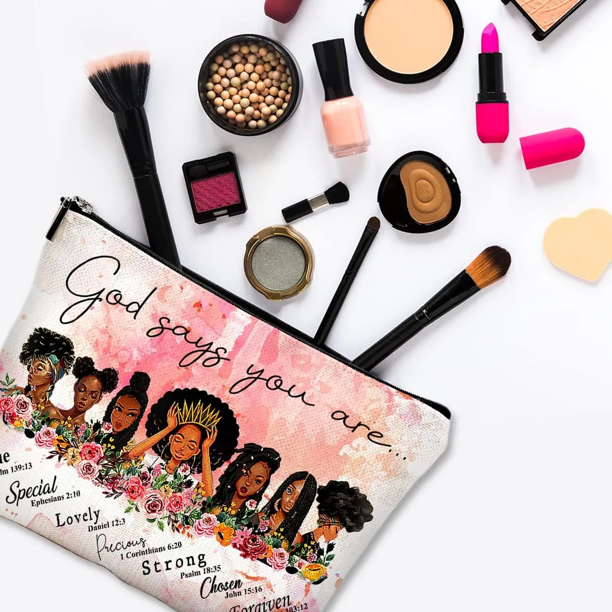 Cute Makeup Bag for Purse Canvas Waterproof Funny Cosmetic Bags for Women Zipper Travel Toiletry Pouch-African American Women Makeup Bags