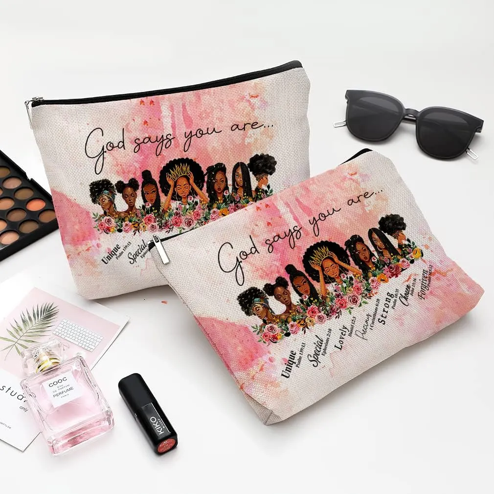 Cute Makeup Bag for Purse Canvas Waterproof Funny Cosmetic Bags for Women Zipper Travel Toiletry Pouch-African American Women Makeup Bags