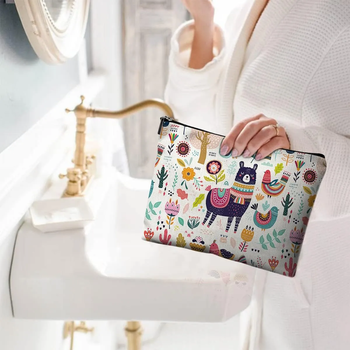 Cute Makeup Bag for Purse Canvas Waterproof Funny Cosmetic Bags for Women Zipper Travel Toiletry Pouch-Alpaca Makeup Bags-Creamy