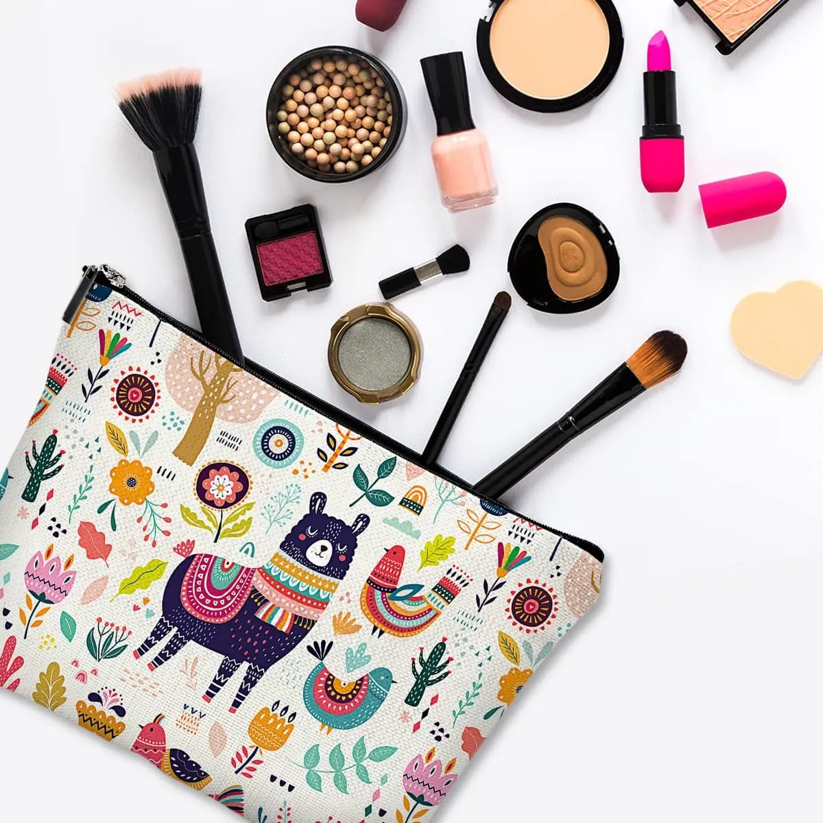 Cute Makeup Bag for Purse Canvas Waterproof Funny Cosmetic Bags for Women Zipper Travel Toiletry Pouch-Alpaca Makeup Bags-Creamy