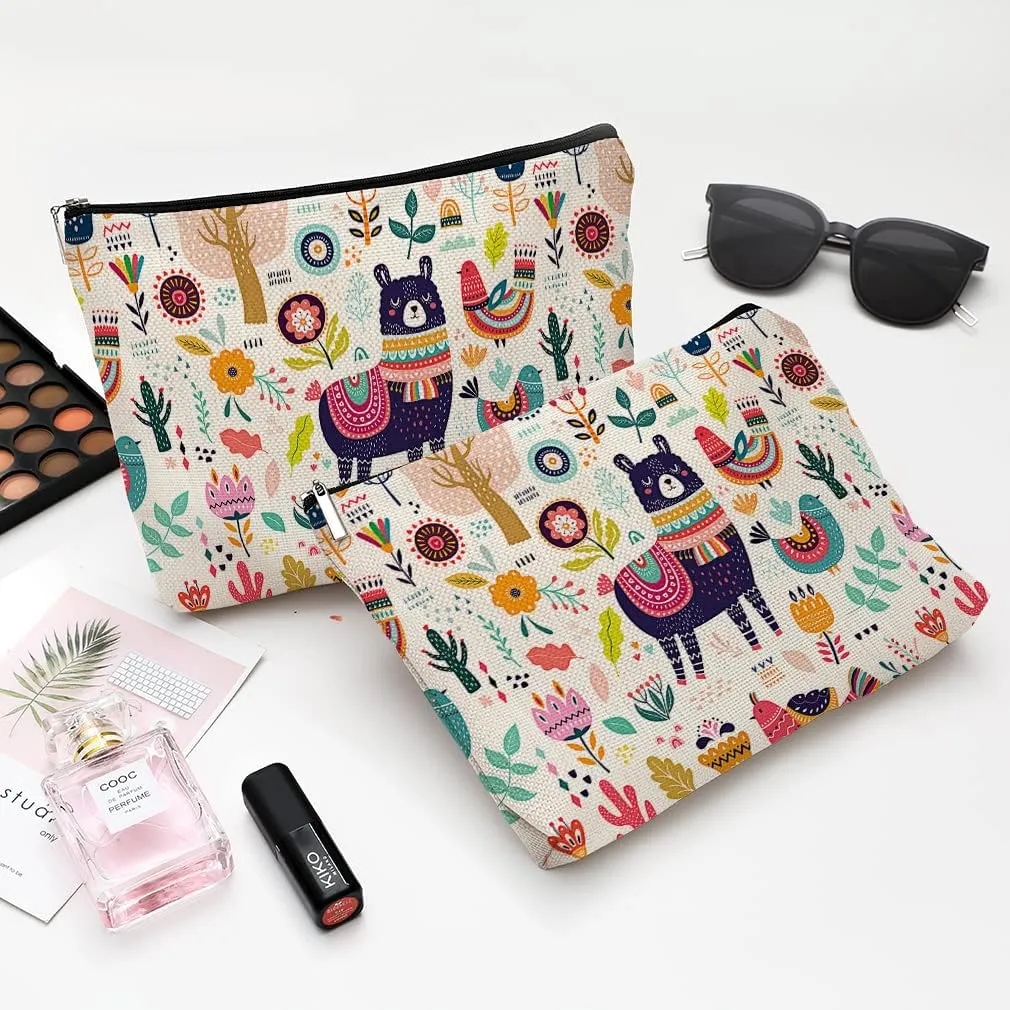 Cute Makeup Bag for Purse Canvas Waterproof Funny Cosmetic Bags for Women Zipper Travel Toiletry Pouch-Alpaca Makeup Bags-Creamy