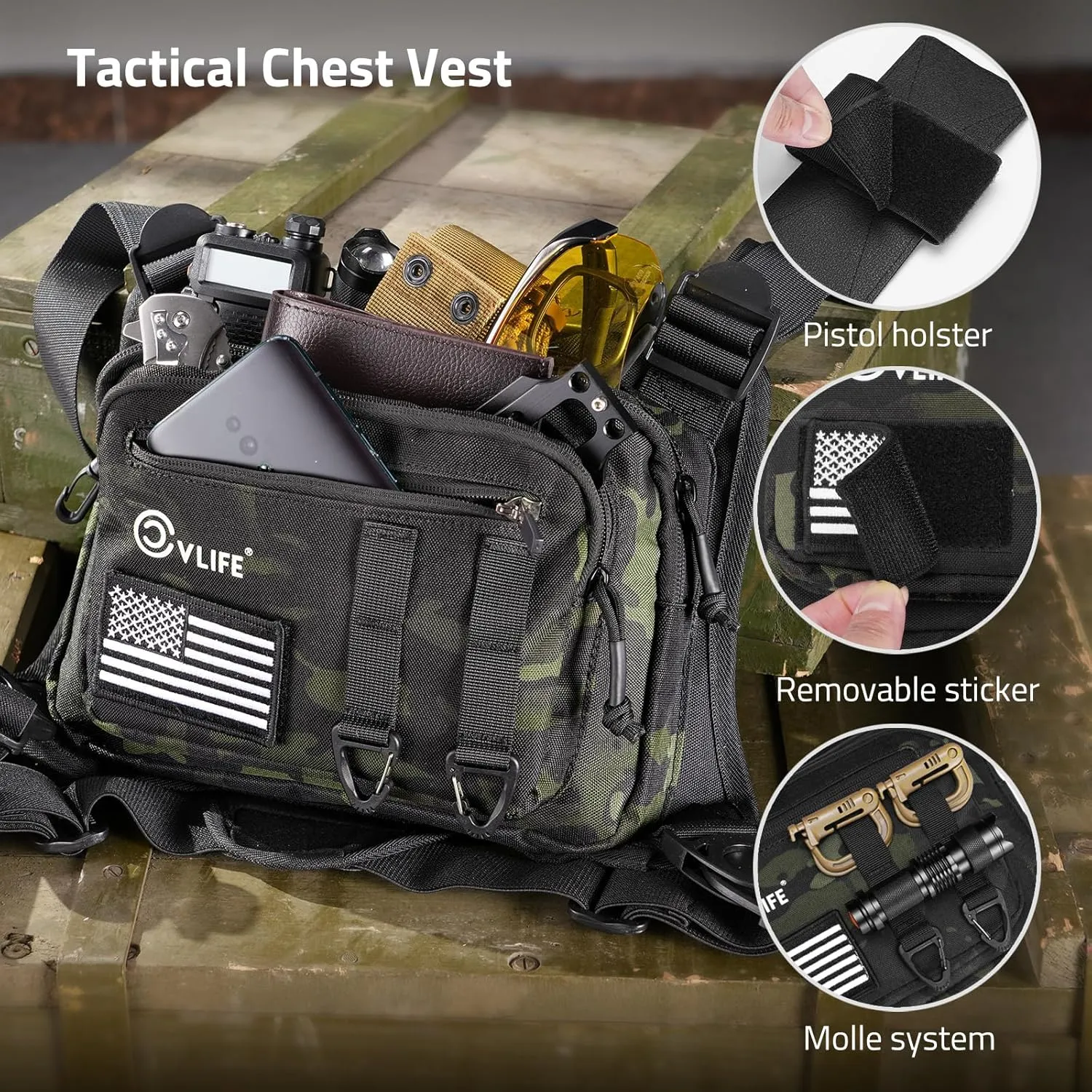 CVLIFE Chest Bag Chest Vest with Pistol Holster Chest Bag for Men Running Chest Pack Adjustable Tactical Vest Bag for Outdoor