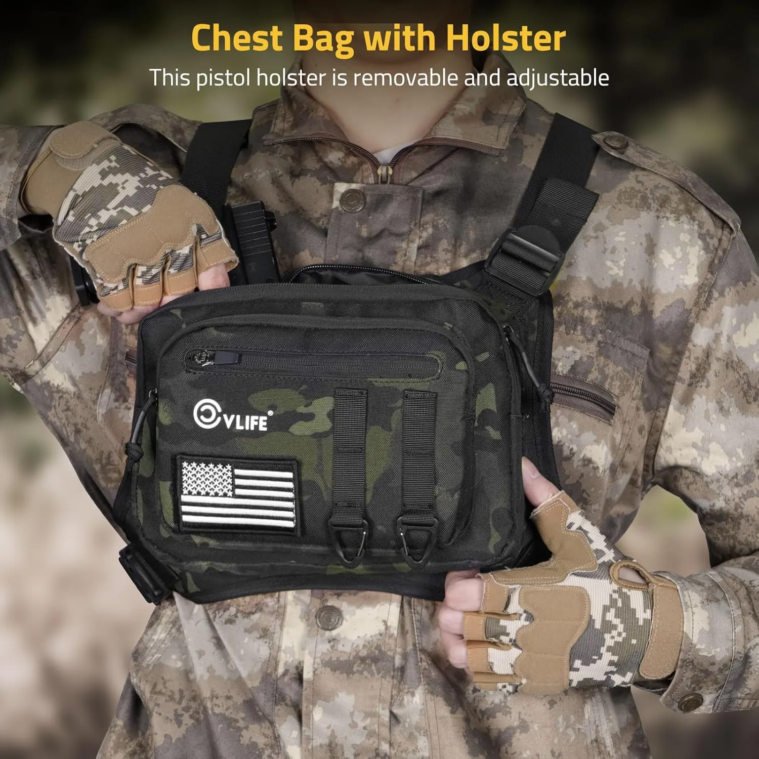 CVLIFE Chest Bag Chest Vest with Pistol Holster Chest Bag for Men Running Chest Pack Adjustable Tactical Vest Bag for Outdoor