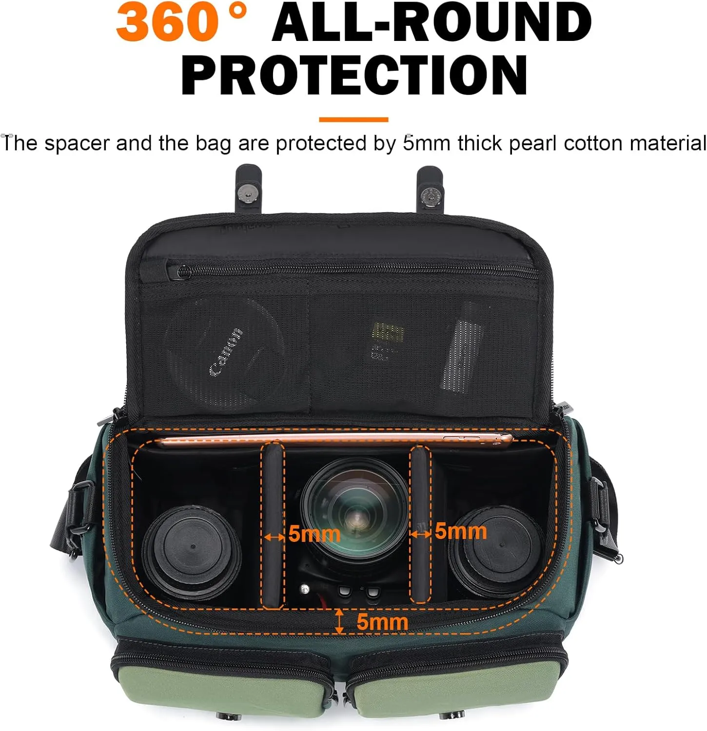 Cwatcun Camera Bag, Waterproof Flap Camera Crossbody Shoulder Messenger Case with Tripod Holder, Travel Photography Bag for Canon, Nikon, Sony, Fuji DSLR/SLR/Mirrorless Camera, Lens - Green, L