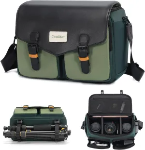 Cwatcun Camera Bag, Waterproof Flap Camera Crossbody Shoulder Messenger Case with Tripod Holder, Travel Photography Bag for Canon, Nikon, Sony, Fuji DSLR/SLR/Mirrorless Camera, Lens - Green, L