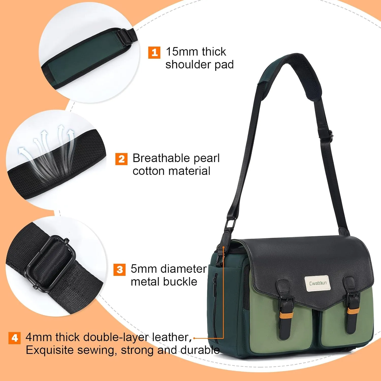 Cwatcun Camera Bag, Waterproof Flap Camera Crossbody Shoulder Messenger Case with Tripod Holder, Travel Photography Bag for Canon, Nikon, Sony, Fuji DSLR/SLR/Mirrorless Camera, Lens - Green, L