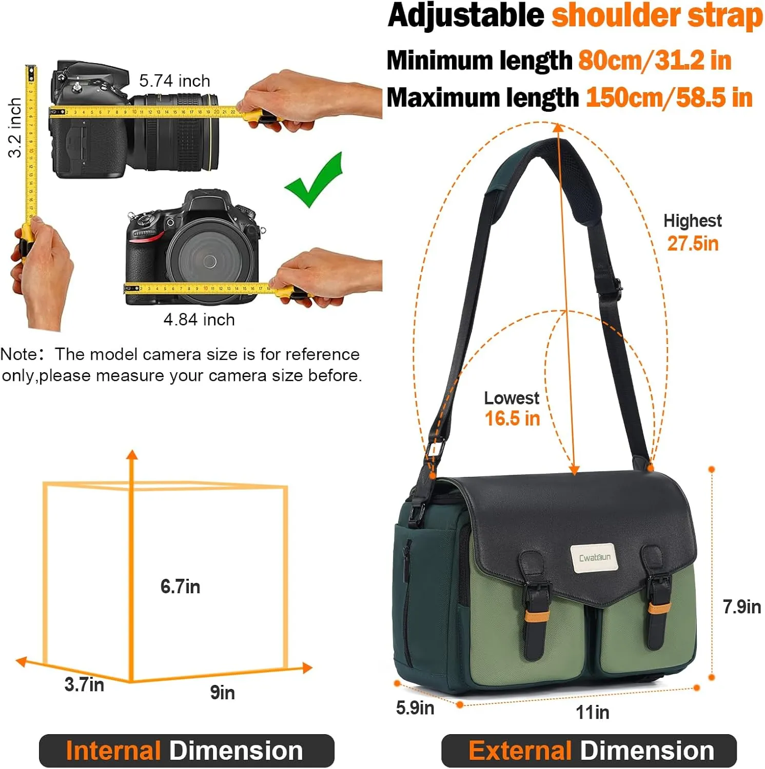 Cwatcun Camera Bag, Waterproof Flap Camera Crossbody Shoulder Messenger Case with Tripod Holder, Travel Photography Bag for Canon, Nikon, Sony, Fuji DSLR/SLR/Mirrorless Camera, Lens - Green, L