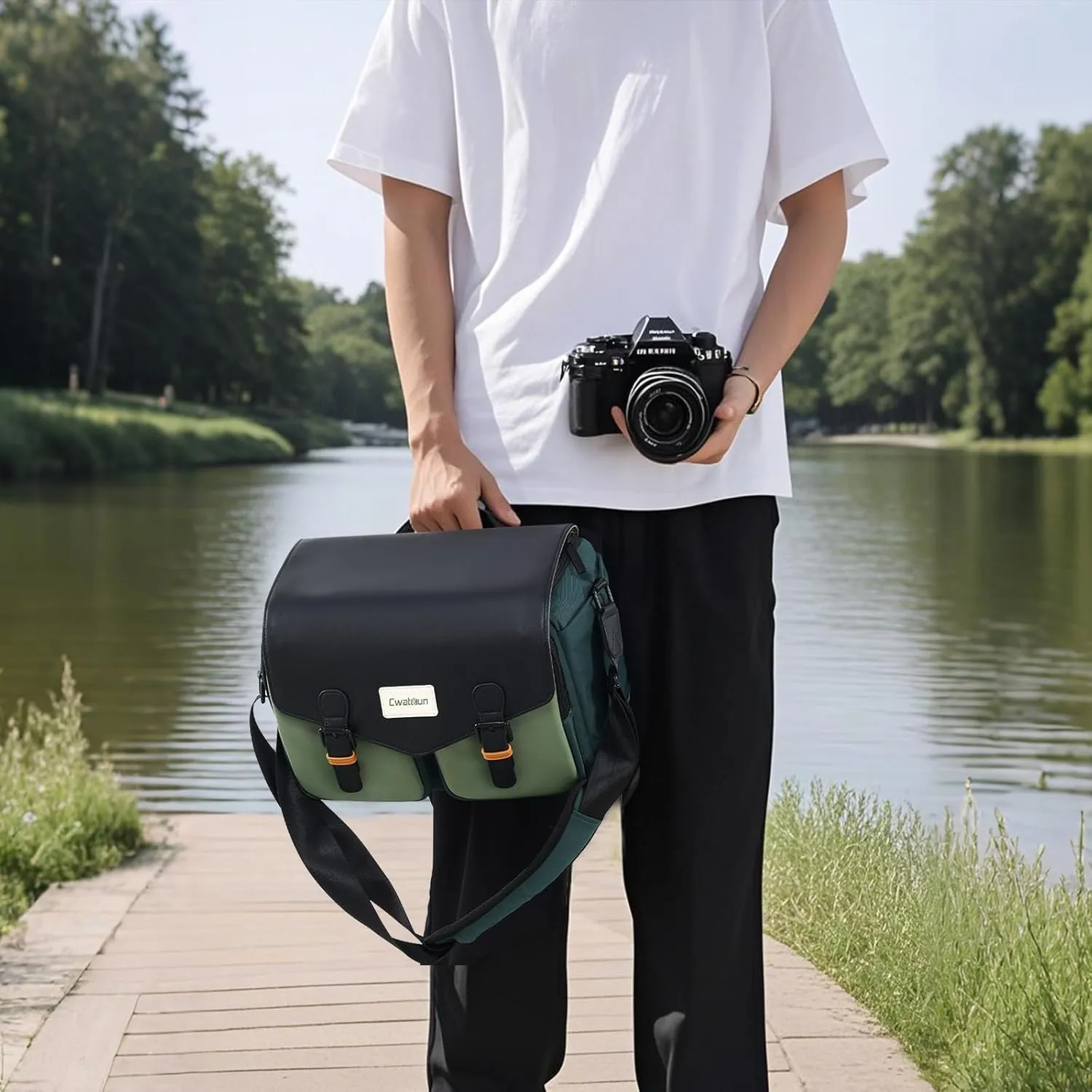 Cwatcun Camera Bag, Waterproof Flap Camera Crossbody Shoulder Messenger Case with Tripod Holder, Travel Photography Bag for Canon, Nikon, Sony, Fuji DSLR/SLR/Mirrorless Camera, Lens - Green, L