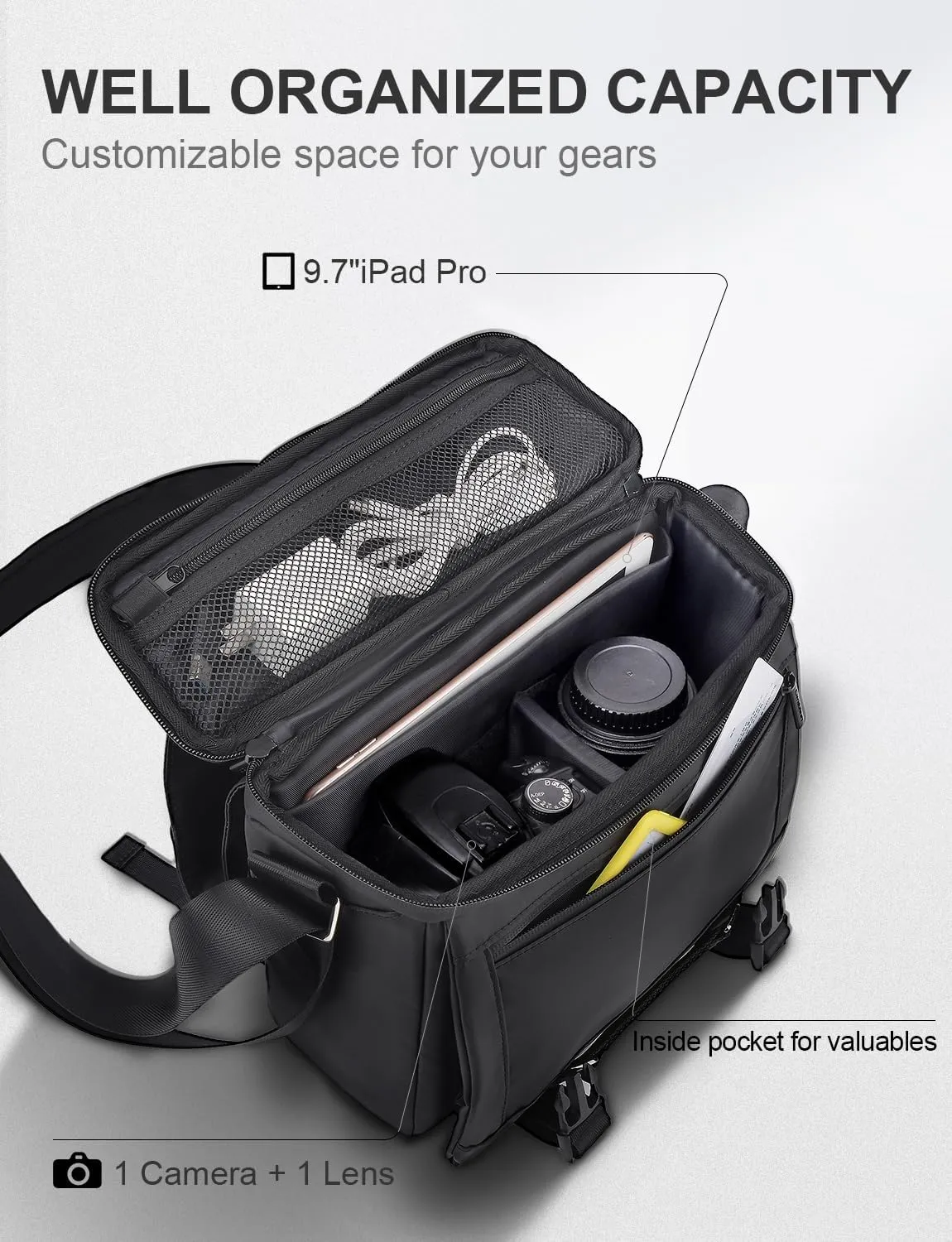 Cwatcun Camera Shoulder Bag Waterproof Compact Camera Case, Small Camera Messenger Bag with Tripod Holder, Travel Photography Bag for Canon, Nikon, Sony, Fuji DSLR/SLR/Mirrorless Camera, Lens