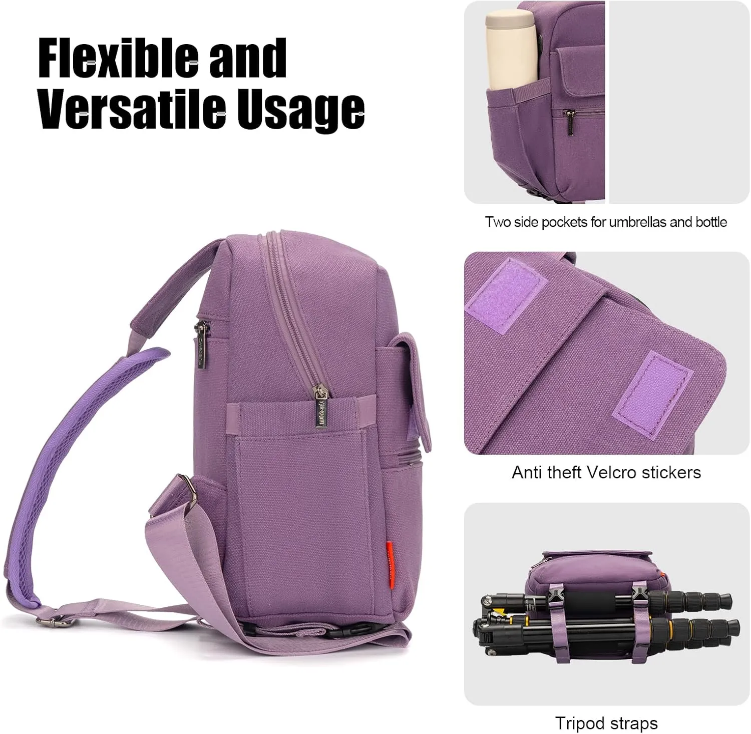 Cwatcun Camera Sling Bag Compact Large Camera Case, Waterproof Canvas Crossbody Camera Bag with Rain Cover, Travel Photography Bag for Canon Nikon Sony Fuji DSLR/SLR/Mirrorless Cameras, Lens, Purple