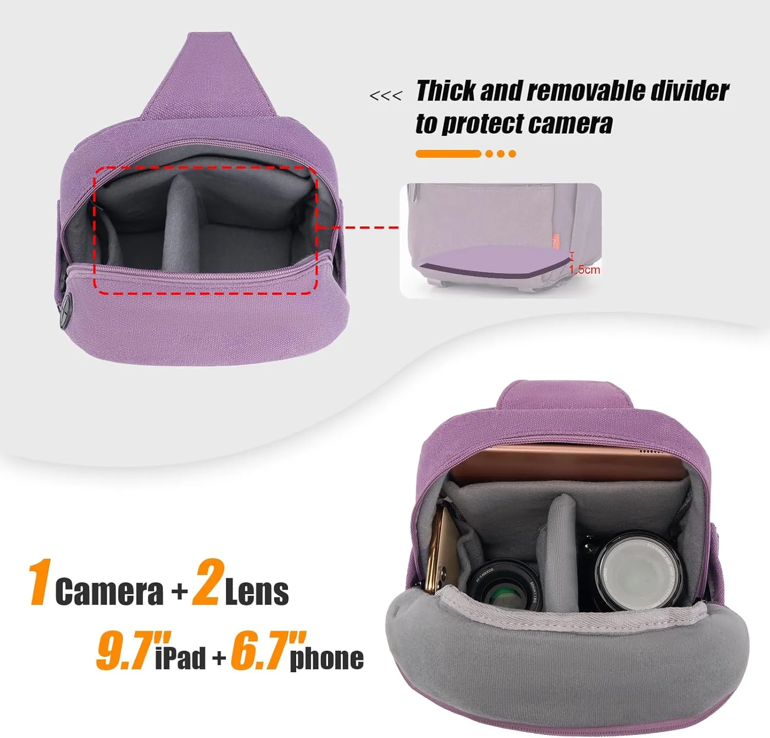Cwatcun Camera Sling Bag Compact Large Camera Case, Waterproof Canvas Crossbody Camera Bag with Rain Cover, Travel Photography Bag for Canon Nikon Sony Fuji DSLR/SLR/Mirrorless Cameras, Lens, Purple