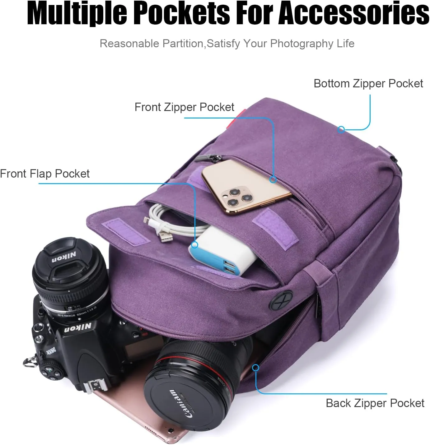 Cwatcun Camera Sling Bag Compact Large Camera Case, Waterproof Canvas Crossbody Camera Bag with Rain Cover, Travel Photography Bag for Canon Nikon Sony Fuji DSLR/SLR/Mirrorless Cameras, Lens, Purple