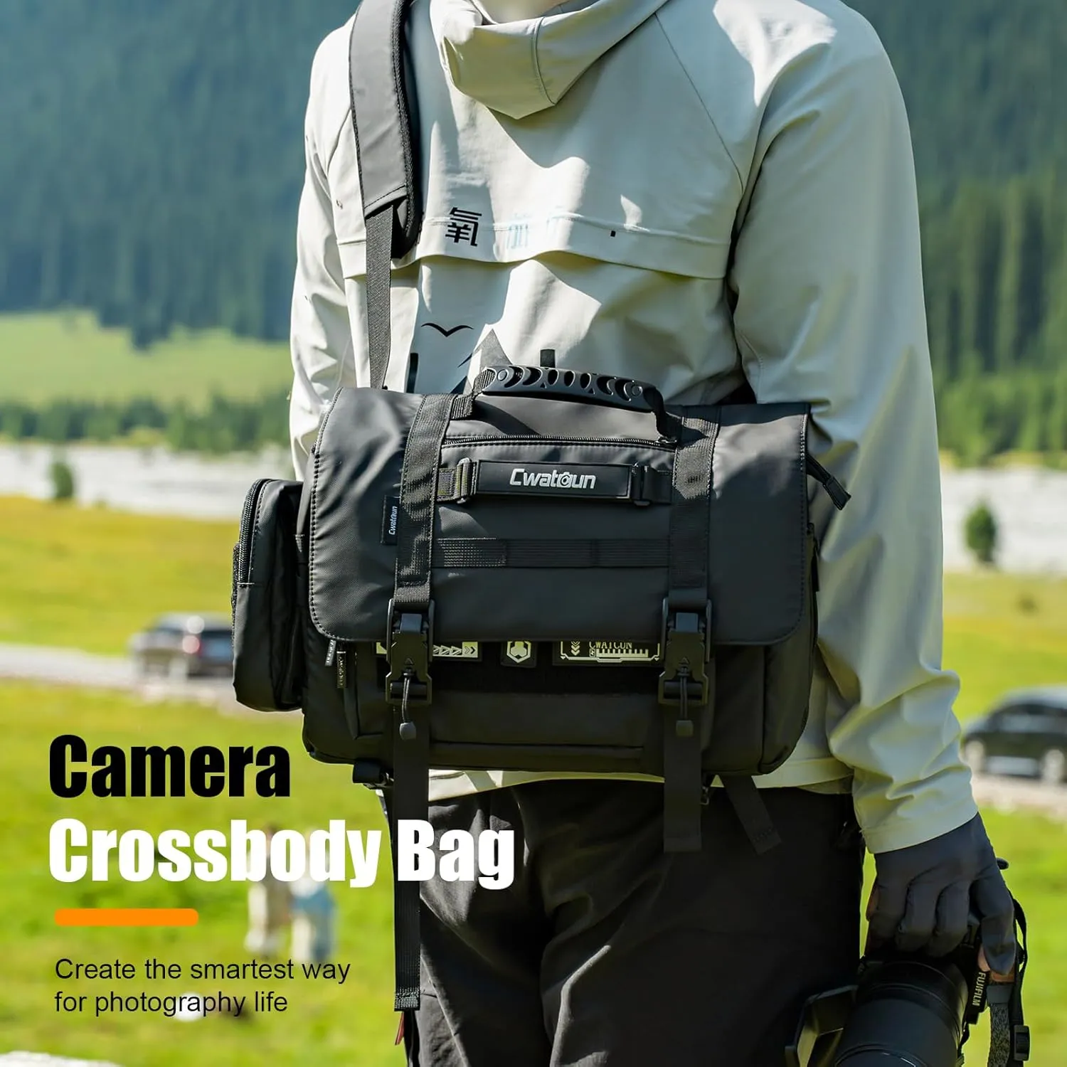 Cwatcun Camera Sling Bag, Waterproof Multifunction Photography Tactica Camera Crossbody Bag with Tripod Holder & Removable Accessory Bags for DSLR/SLR/Mirrorless Cameras - Medium