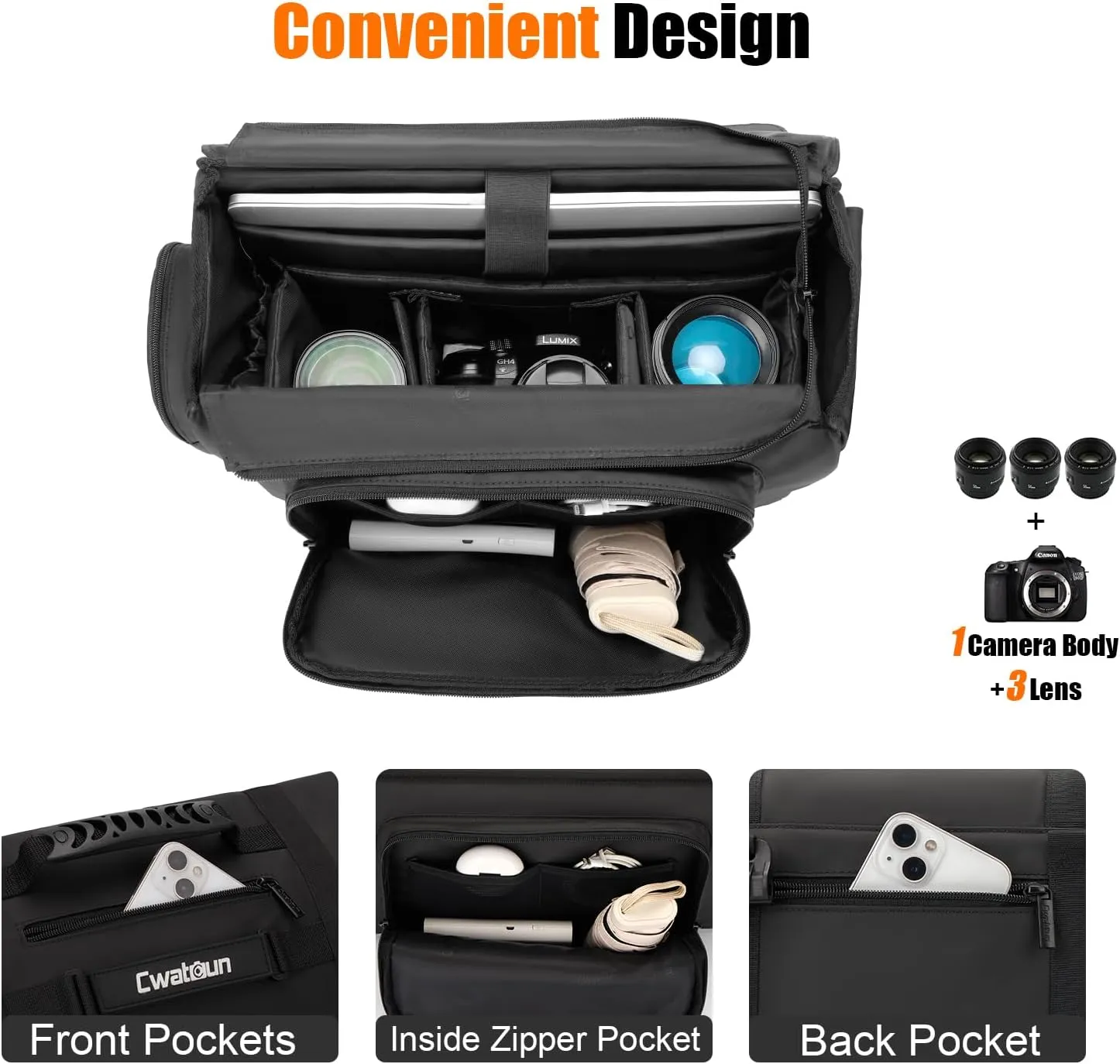 Cwatcun Camera Sling Bag, Waterproof Multifunction Photography Tactica Camera Crossbody Bag with Tripod Holder & Removable Accessory Bags for DSLR/SLR/Mirrorless Cameras - Medium