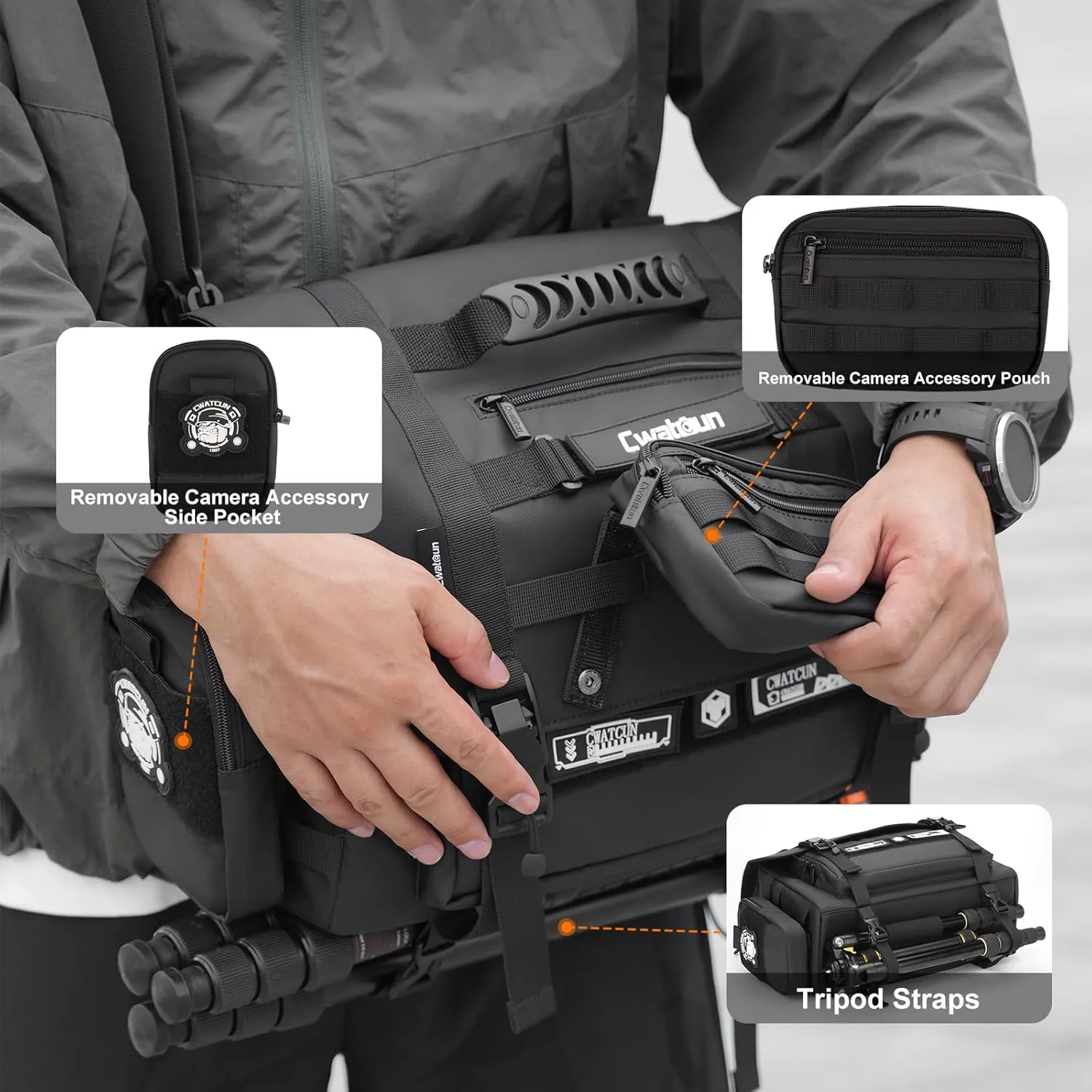 Cwatcun Camera Sling Bag, Waterproof Multifunction Photography Tactica Camera Crossbody Bag with Tripod Holder & Removable Accessory Bags for DSLR/SLR/Mirrorless Cameras - Medium