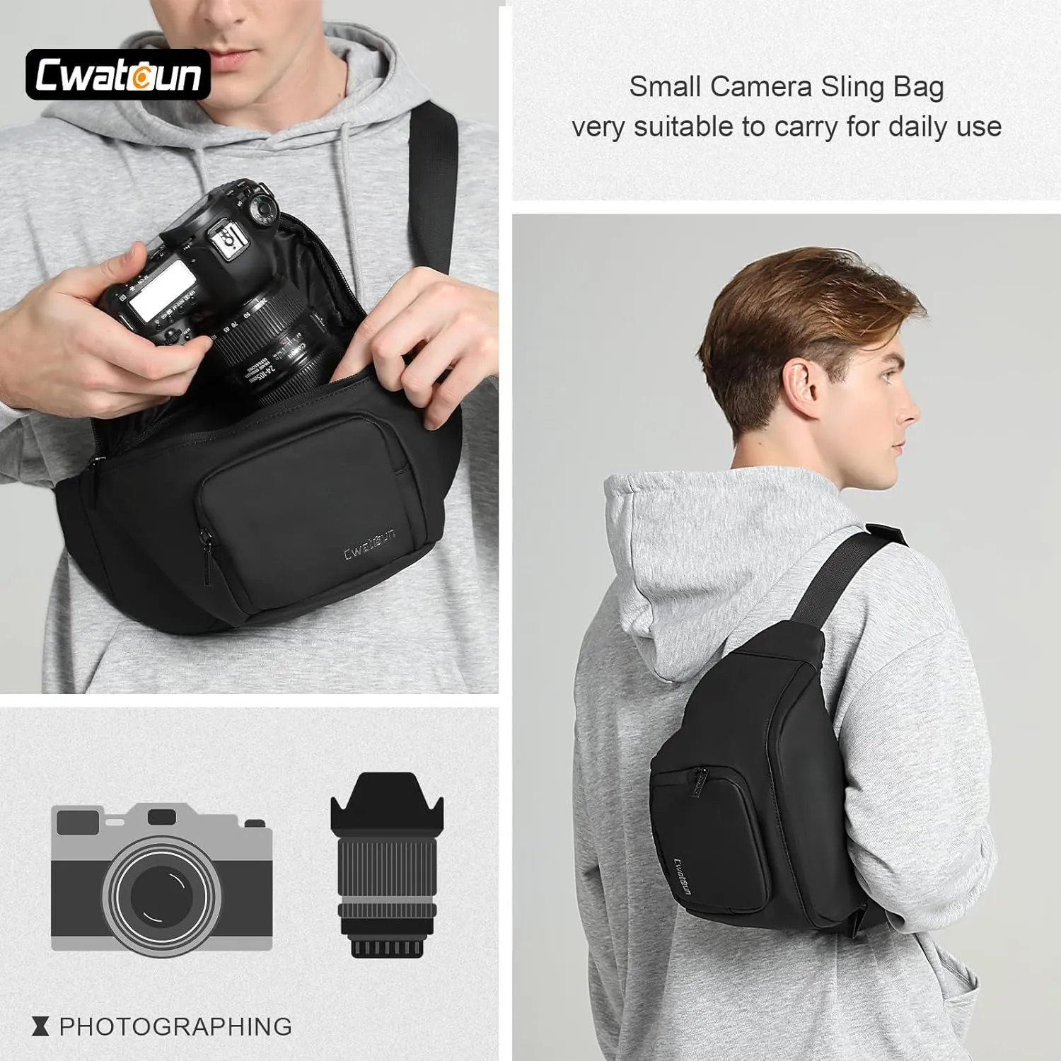 Cwatcun Waterproof Camera Waist Bag Compact Camera Case, Lightweight Portable Fanny Pack, Daily Carry Storage Case Crossbody Bag for Canon, Nikon, Sony, Fuji DSLR/SLR/Mirrorless Camera, Lens, Black