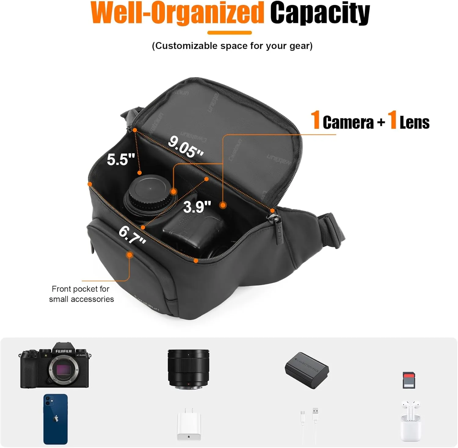 Cwatcun Waterproof Camera Waist Bag Compact Camera Case, Lightweight Portable Fanny Pack, Daily Carry Storage Case Crossbody Bag for Canon, Nikon, Sony, Fuji DSLR/SLR/Mirrorless Camera, Lens, Black