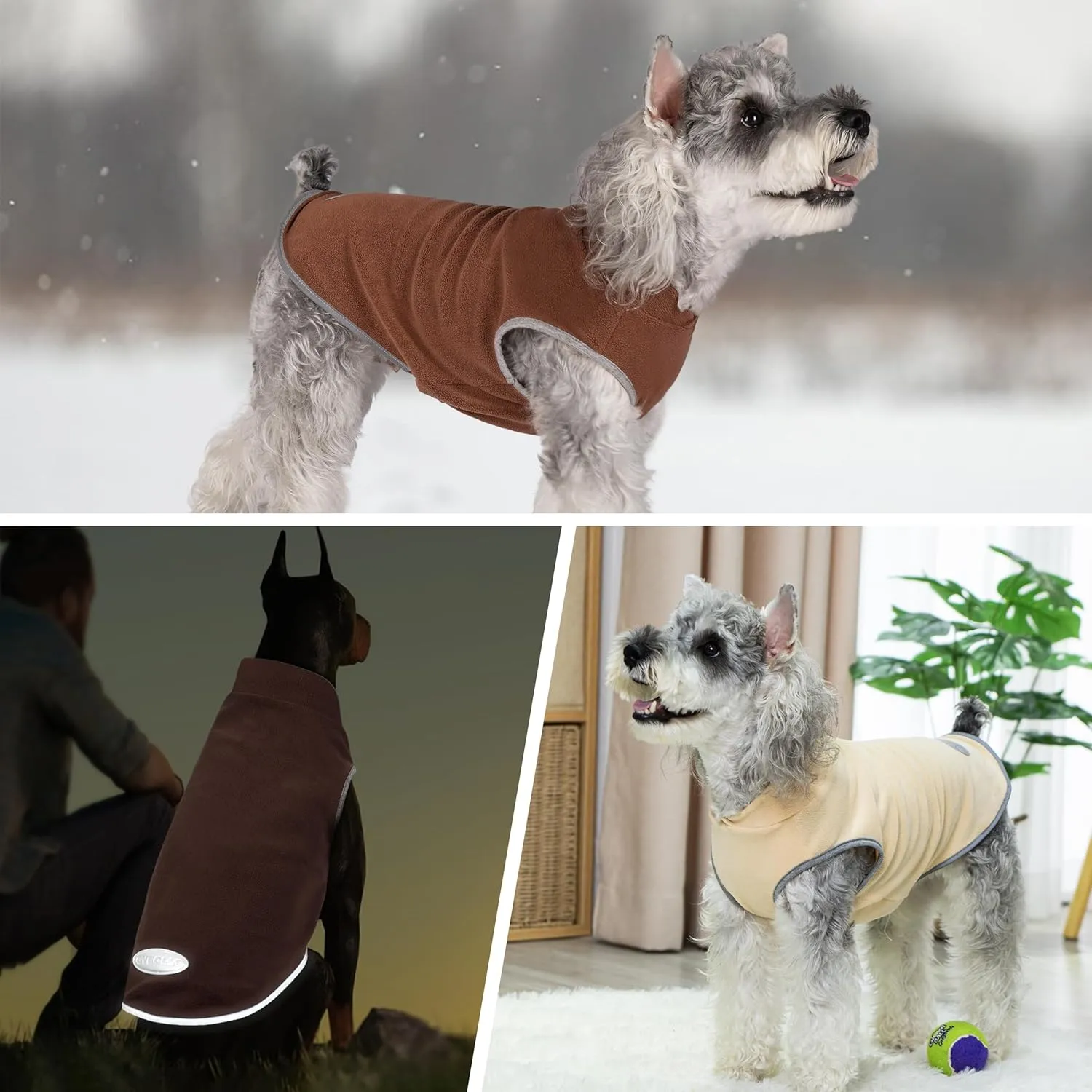 Cyeollo Fleece Dog Sweater Vest & Pullover Jacket - Reflective, Brown & Khaki, S, M, L