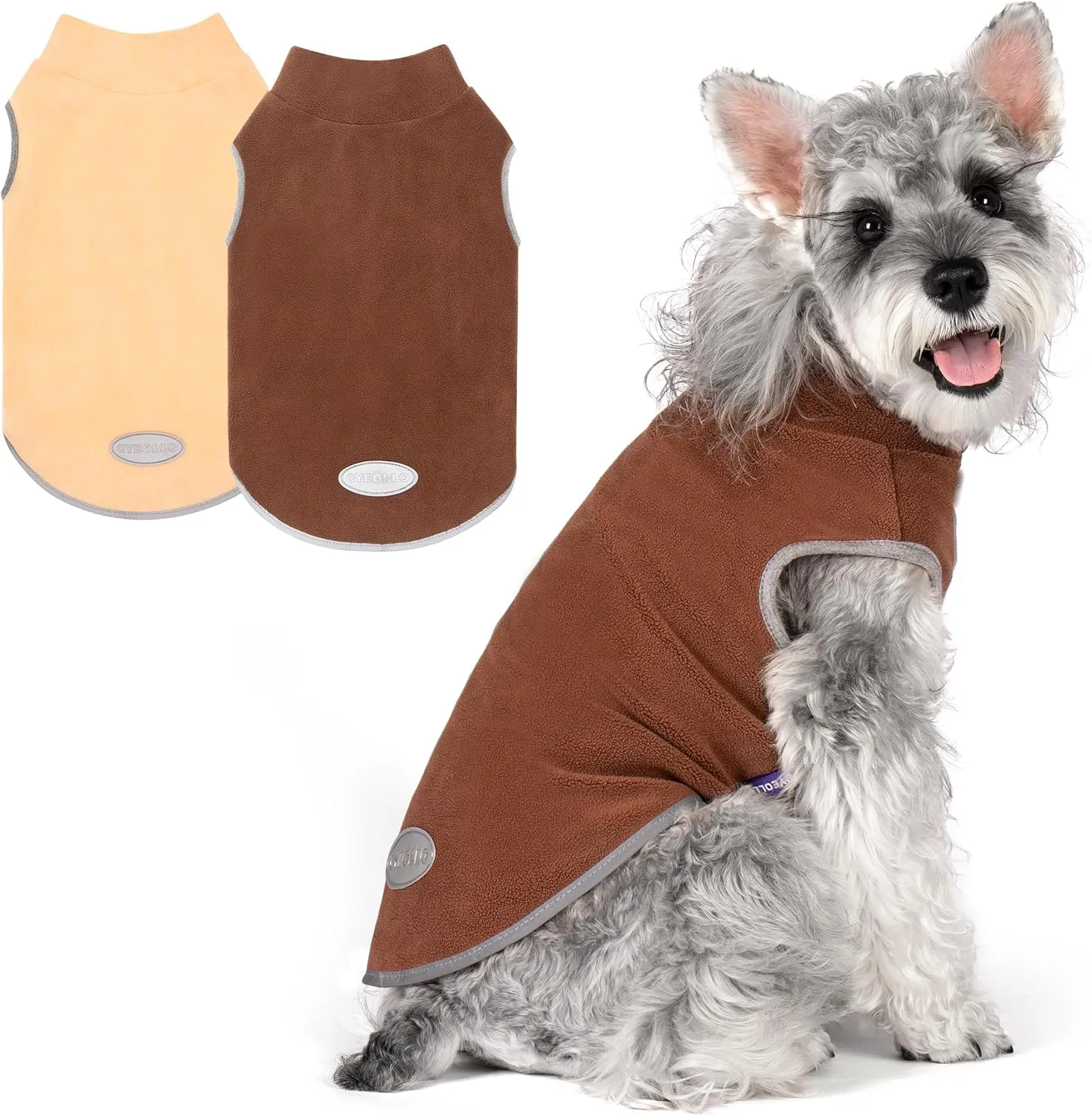 Cyeollo Fleece Dog Sweater Vest & Pullover Jacket - Reflective, Brown & Khaki, S, M, L