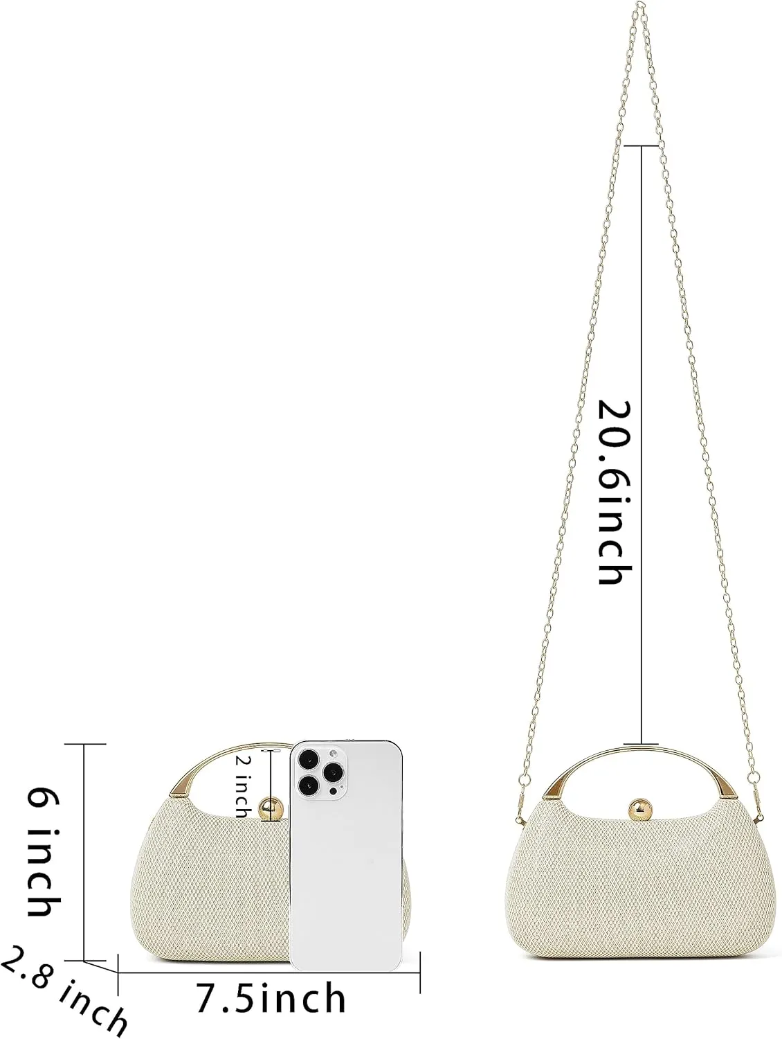 Daiblueland Metal Handle Evening Bag Formal Moon Shaped Party And Wedding Clutch Purse With Crossbody Chain