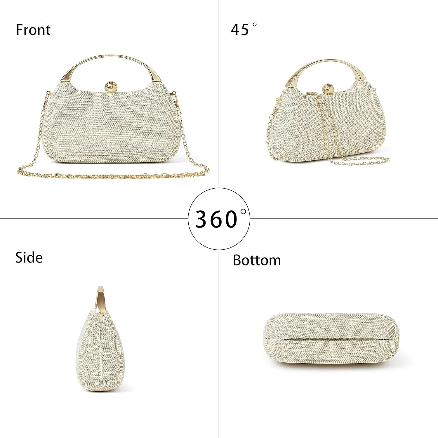 Daiblueland Metal Handle Evening Bag Formal Moon Shaped Party And Wedding Clutch Purse With Crossbody Chain