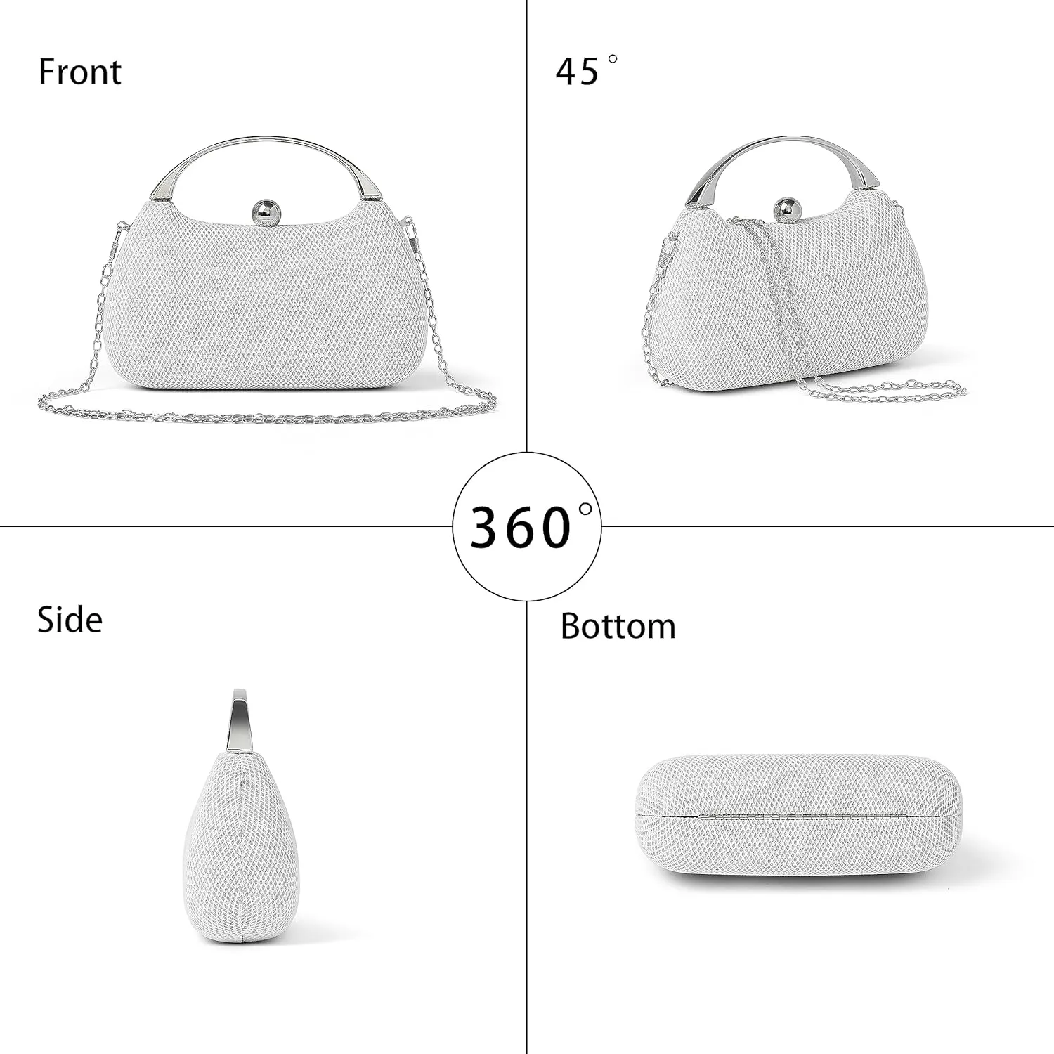 Daiblueland Metal Handle Evening Bag Formal Moon Shaped Party And Wedding Clutch Purse With Crossbody Chain