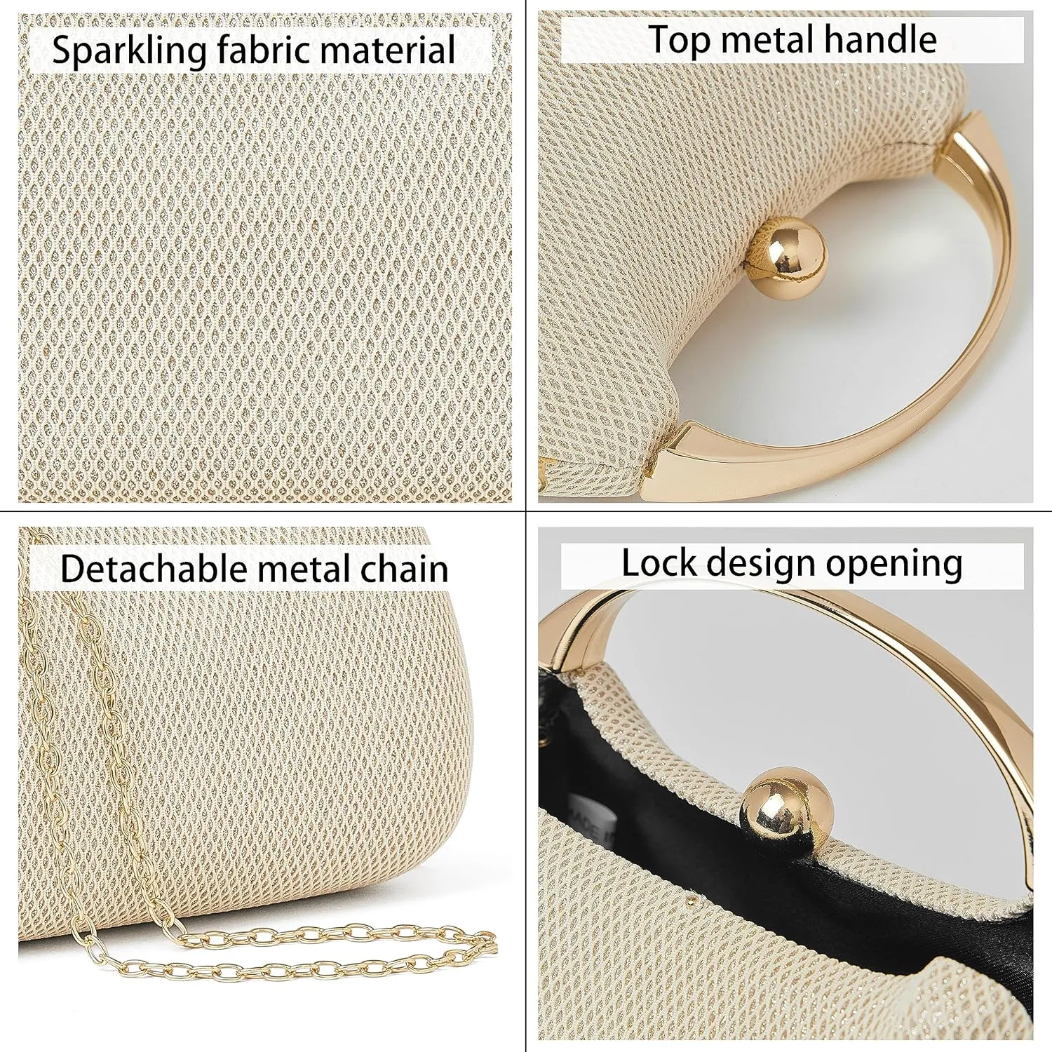 Daiblueland Metal Handle Evening Bag Formal Moon Shaped Party And Wedding Clutch Purse With Crossbody Chain