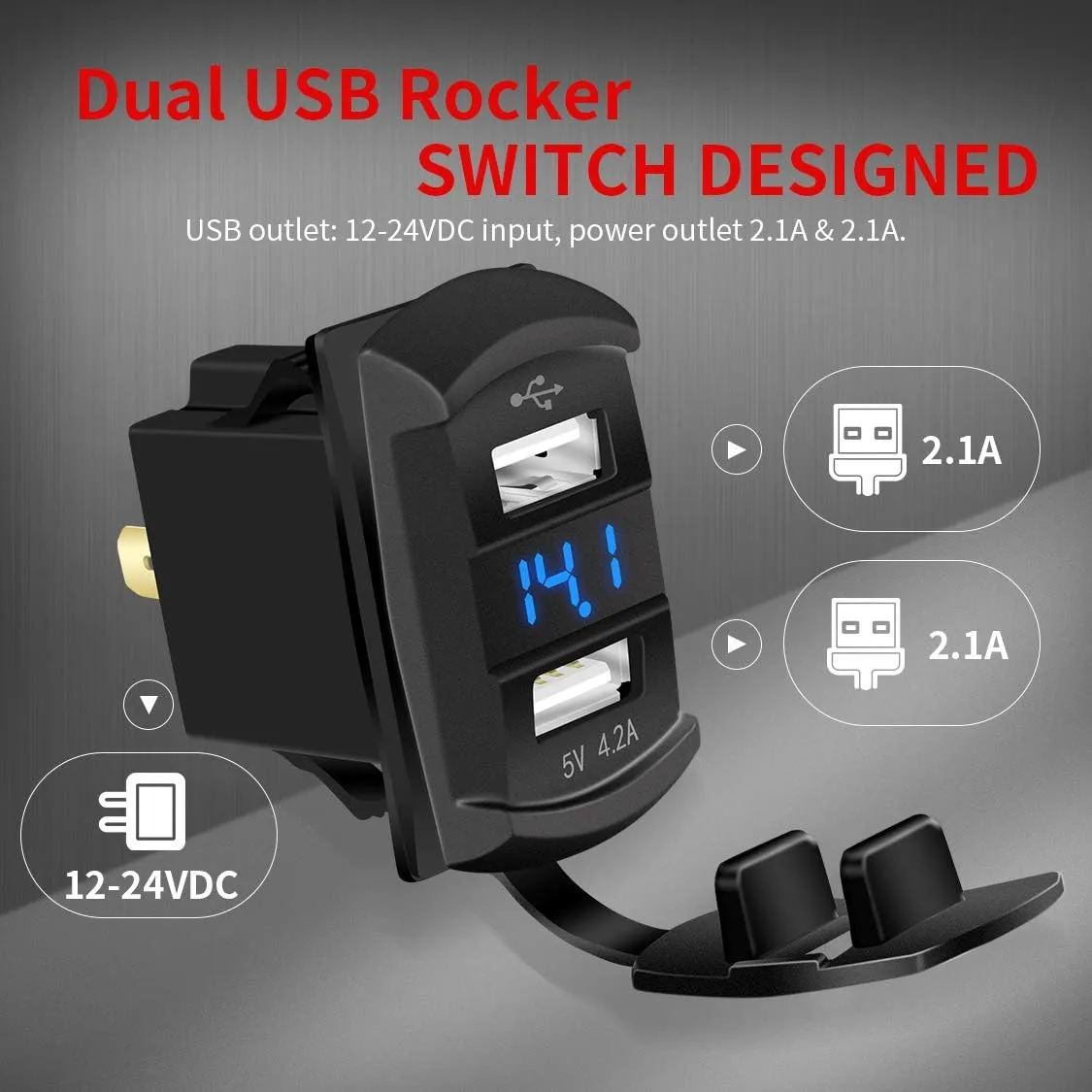 DaierTek USB Rocker Switch Red Led Digital Voltmeter Dual USB Car Charger Adapter Socket Waterproof for Rocker Marine Switch Panel on Boat RV Vehicle