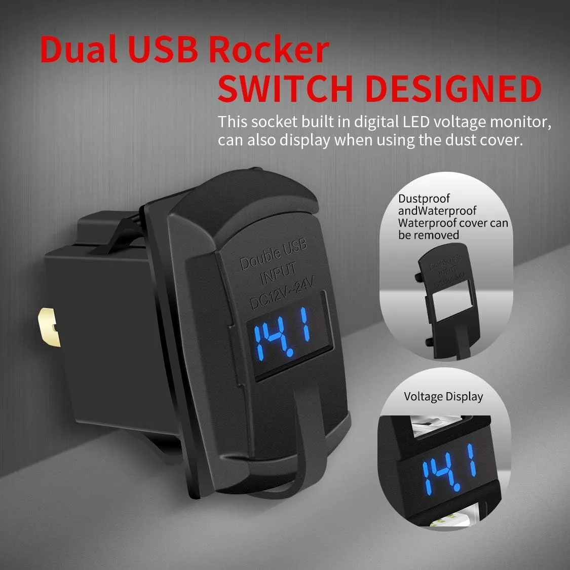 DaierTek USB Rocker Switch Red Led Digital Voltmeter Dual USB Car Charger Adapter Socket Waterproof for Rocker Marine Switch Panel on Boat RV Vehicle