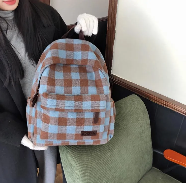 Dark Academia Backpack Women Men - y2k Vintage Checkered Bookbag Plaid Daypack Gothic Rucksack Fleece Shoulder Bag (Blue)