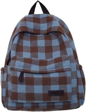 Dark Academia Backpack Women Men - y2k Vintage Checkered Bookbag Plaid Daypack Gothic Rucksack Fleece Shoulder Bag (Blue)