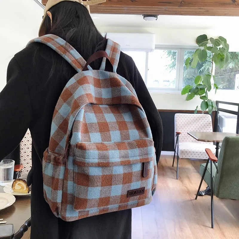 Dark Academia Backpack Women Men - y2k Vintage Checkered Bookbag Plaid Daypack Gothic Rucksack Fleece Shoulder Bag (Blue)