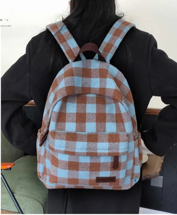Dark Academia Backpack Women Men - y2k Vintage Checkered Bookbag Plaid Daypack Gothic Rucksack Fleece Shoulder Bag (Blue)