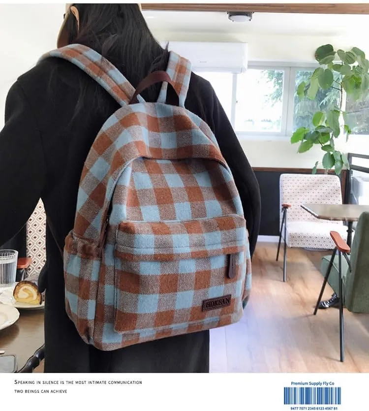 Dark Academia Backpack Women Men - y2k Vintage Checkered Bookbag Plaid Daypack Gothic Rucksack Fleece Shoulder Bag (Blue)