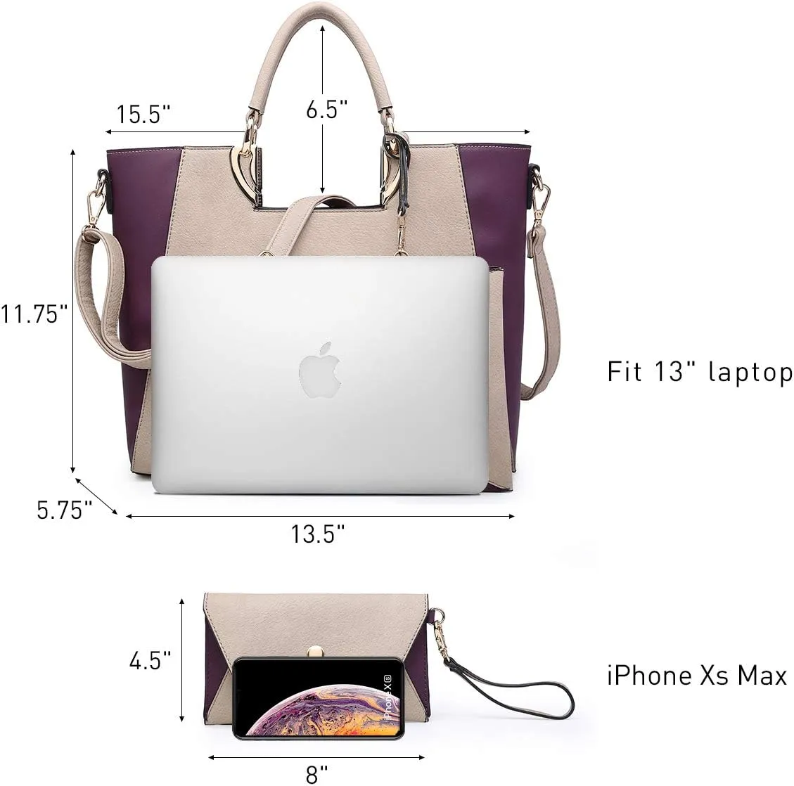 Dasein Women Two Tone Handbag Purse Top Handle Shoulder Bag Tote Hobo Work Bag w/Matching Clutch