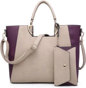 Dasein Women Two Tone Handbag Purse Top Handle Shoulder Bag Tote Hobo Work Bag w/Matching Clutch